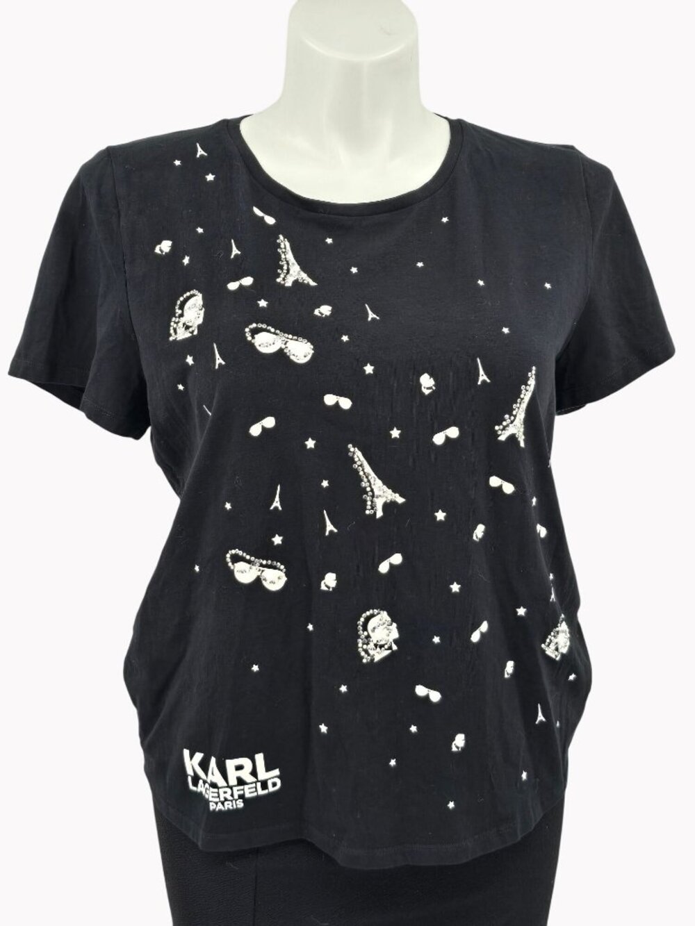 Karl Lagerfeld Paris Womens XL Black Eiffel Tower Graphic T-Shirt Embellished